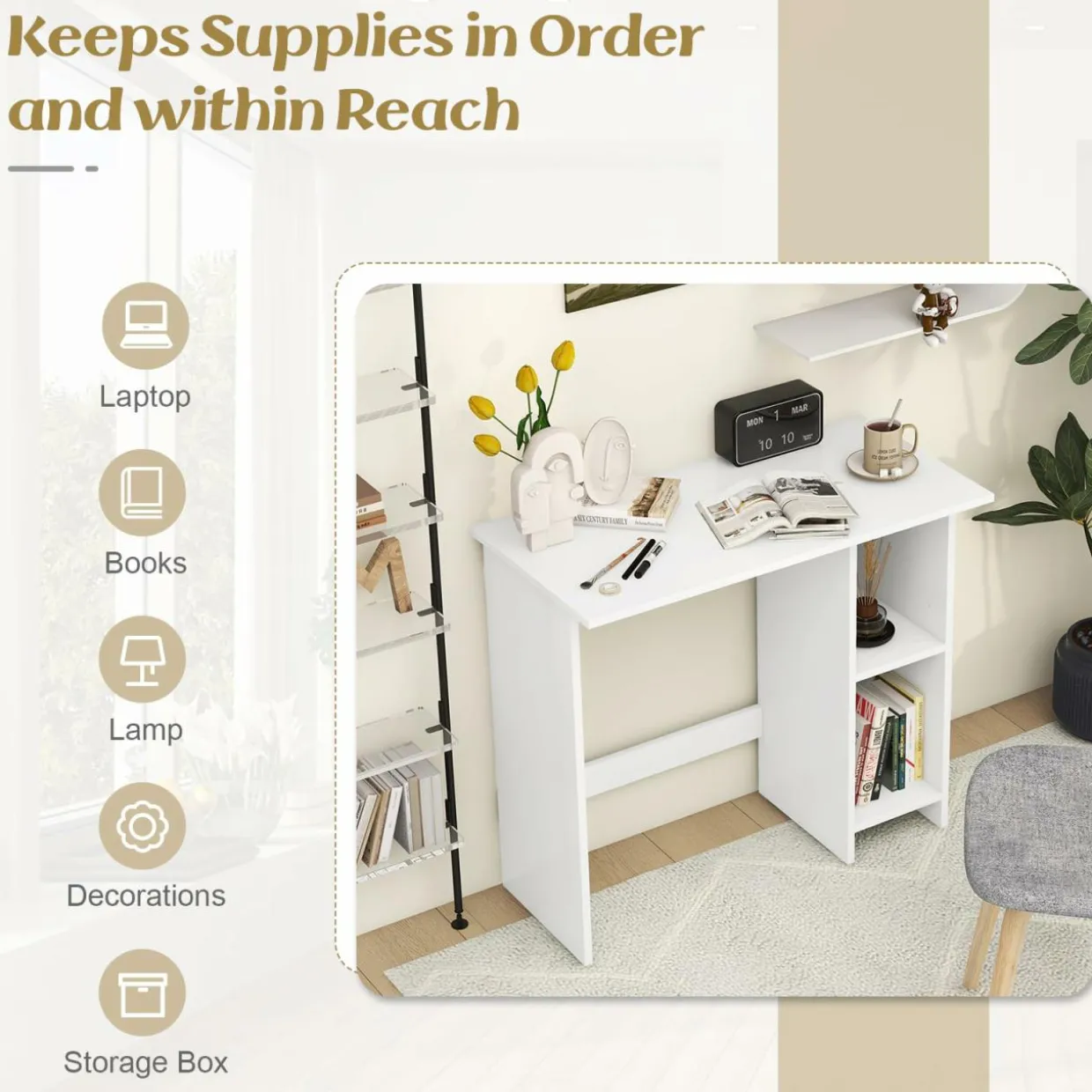 Tangkula White Desk with Storage Shelves, Modern Small Writing Desk with Adjustable Shelf (White)