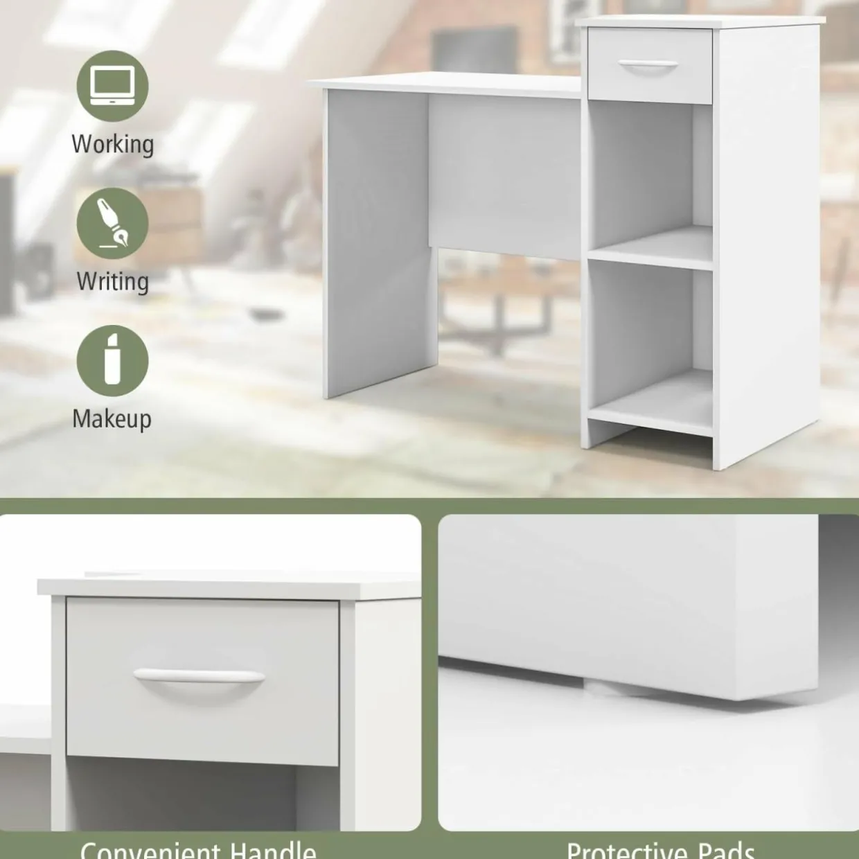 Tangkula White Desk with Storage Drawer & Shelves, Modern Computer Desk with Adjustable Shelf & Cable Hole, White