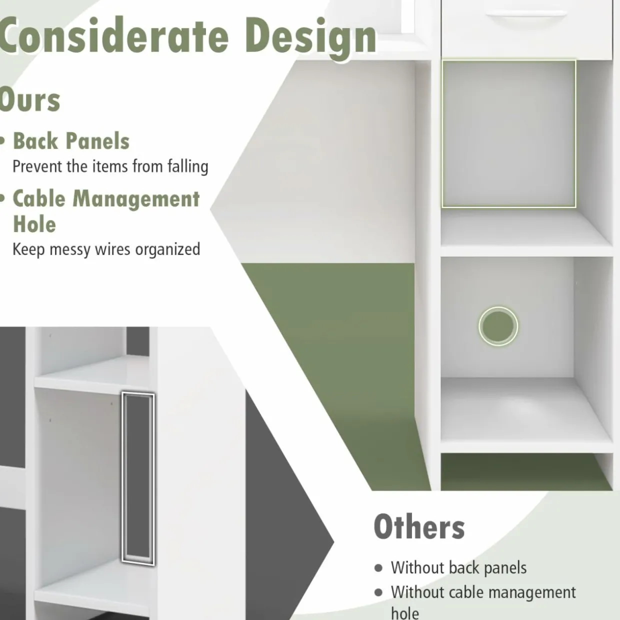 Tangkula White Desk with Storage Drawer & Shelves, Modern Computer Desk with Adjustable Shelf & Cable Hole, White