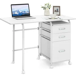 Tangkula White Folding Desk with 3 Drawers, Mobile Home Office Desk, Portable Laptop Desk Writing Table
