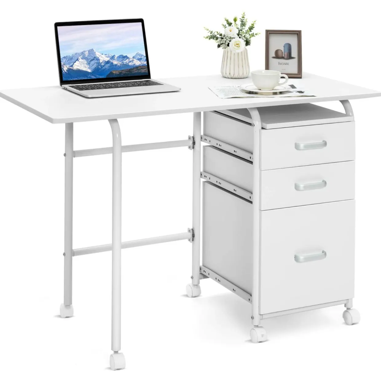 Tangkula White Folding Desk with 3 Drawers, Mobile Home Office Desk, Portable Laptop Desk Writing Table