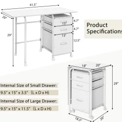 Tangkula White Folding Desk with 3 Drawers, Mobile Home Office Desk, Portable Laptop Desk Writing Table