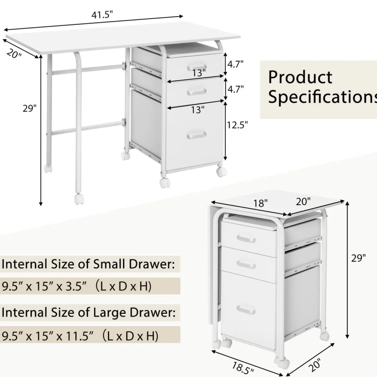Tangkula White Folding Desk with 3 Drawers, Mobile Home Office Desk, Portable Laptop Desk Writing Table
