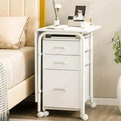 Tangkula White Folding Desk with 3 Drawers, Mobile Home Office Desk, Portable Laptop Desk Writing Table