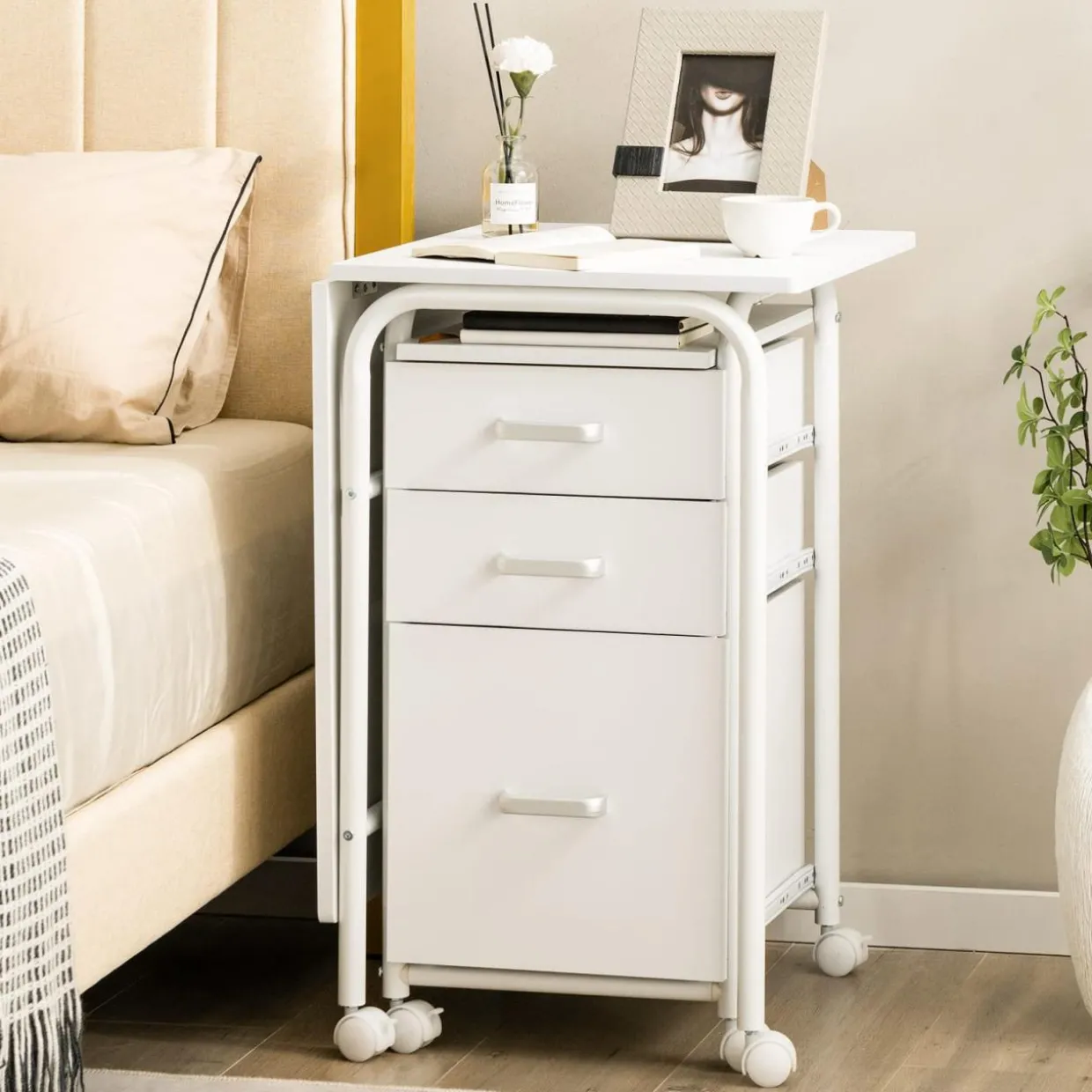 Tangkula White Folding Desk with 3 Drawers, Mobile Home Office Desk, Portable Laptop Desk Writing Table