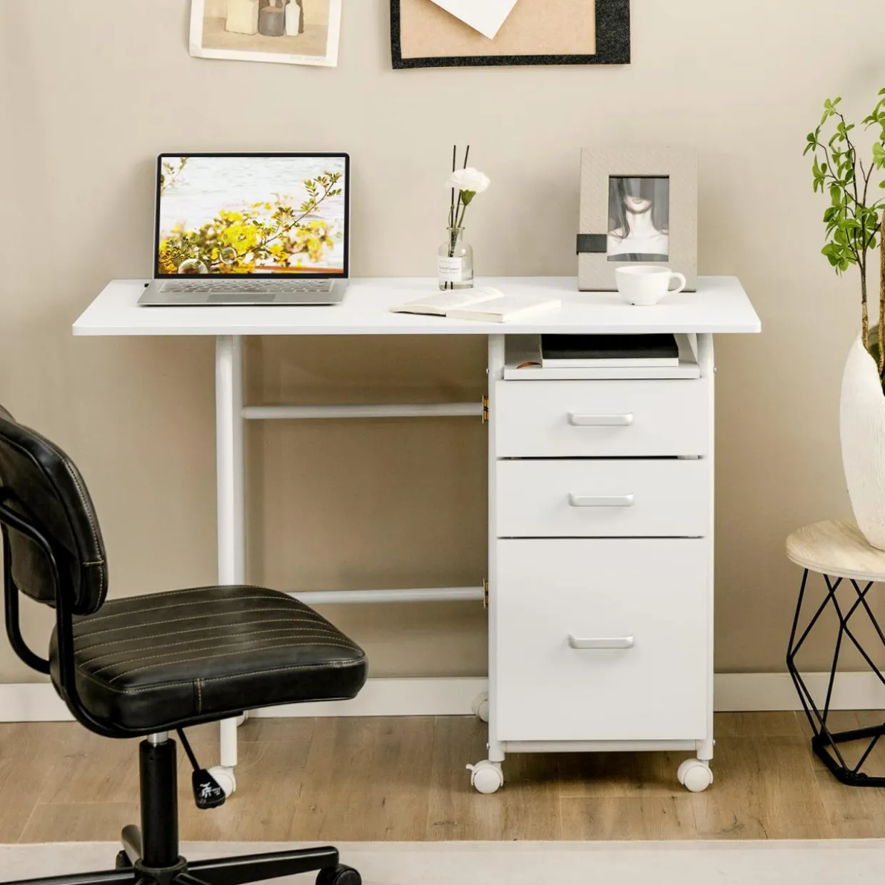 Tangkula White Folding Desk with 3 Drawers, Mobile Home Office Desk, Portable Laptop Desk Writing Table