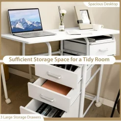 Tangkula White Folding Desk with 3 Drawers, Mobile Home Office Desk, Portable Laptop Desk Writing Table