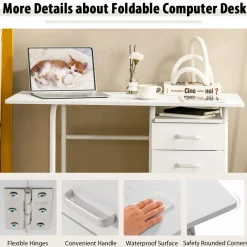 Tangkula White Folding Desk with 3 Drawers, Mobile Home Office Desk, Portable Laptop Desk Writing Table