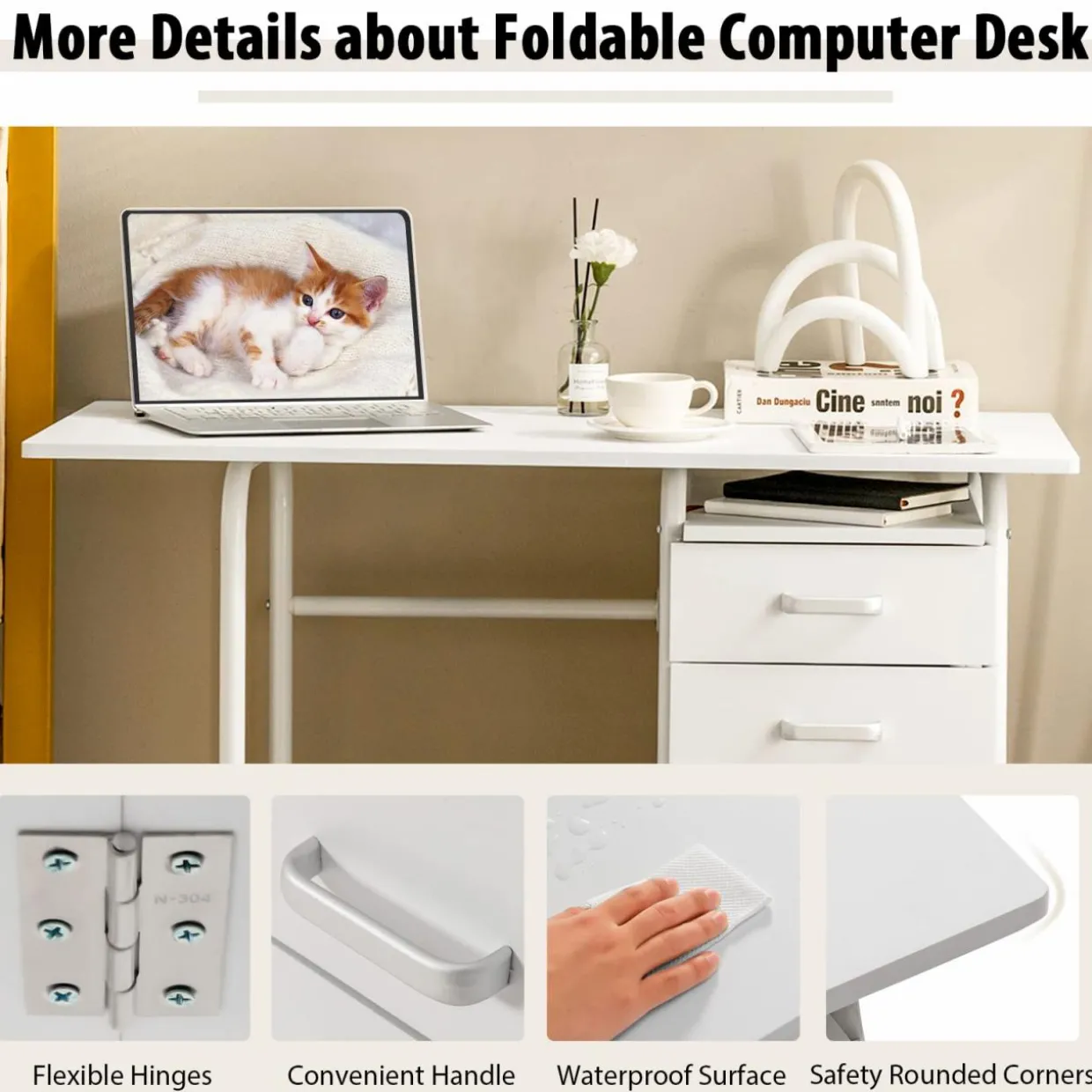 Tangkula White Folding Desk with 3 Drawers, Mobile Home Office Desk, Portable Laptop Desk Writing Table
