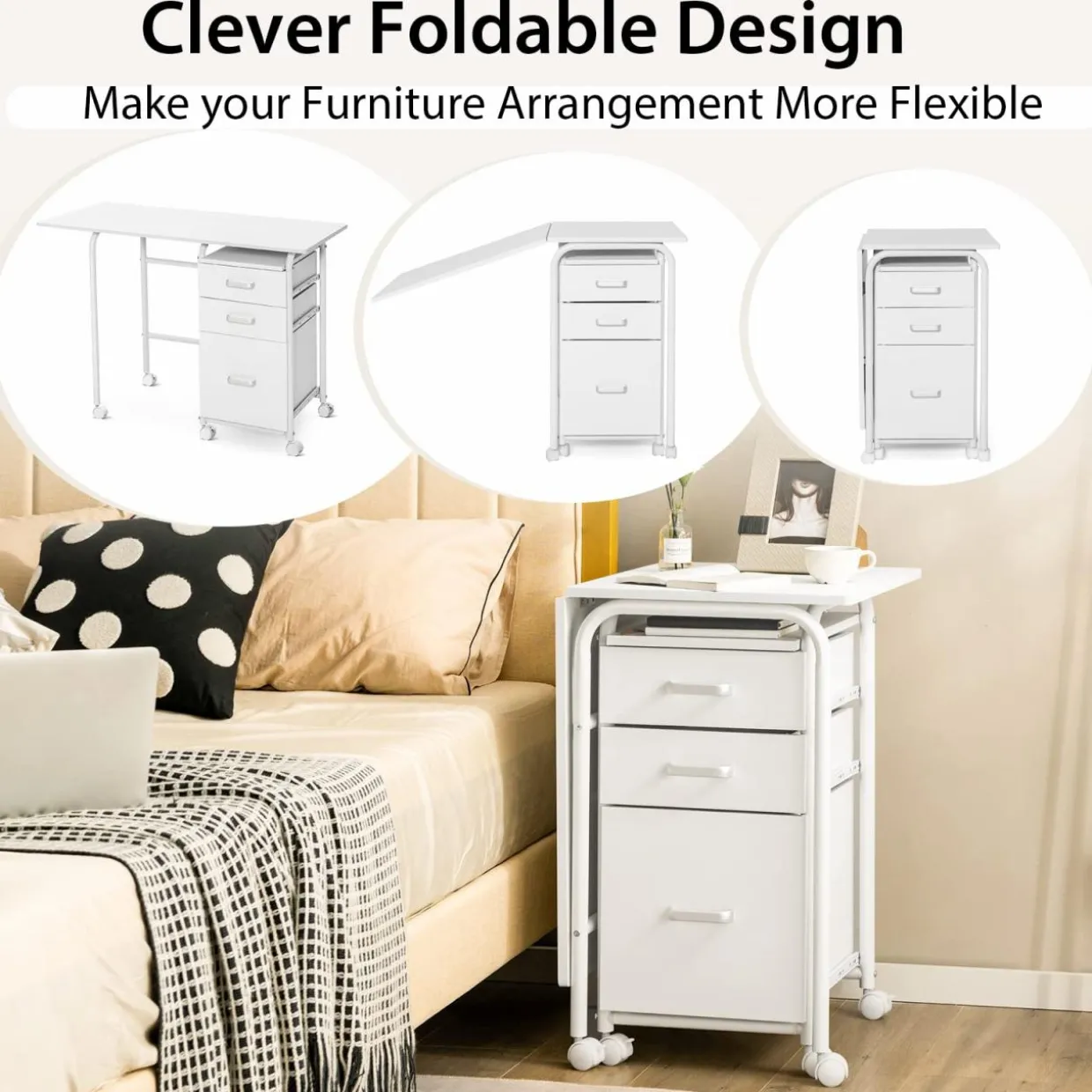 Tangkula White Folding Desk with 3 Drawers, Mobile Home Office Desk, Portable Laptop Desk Writing Table