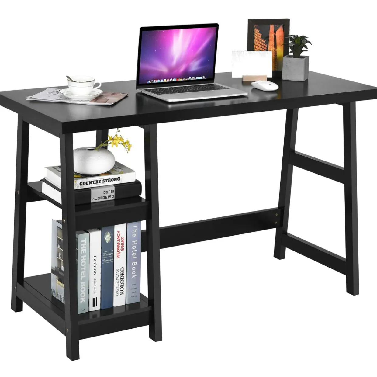 Tangkula White Trestle Computer Desk, 47.5 Inches Modern Home Office Desk w/ 2-Tier Storage Shelves
