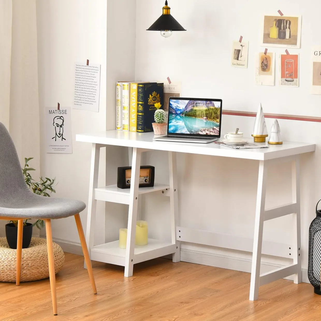 Tangkula White Trestle Computer Desk, 47.5 Inches Modern Home Office Desk w/ 2-Tier Storage Shelves