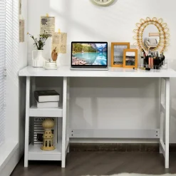 Tangkula White Trestle Computer Desk, 47.5 Inches Modern Home Office Desk w/ 2-Tier Storage Shelves