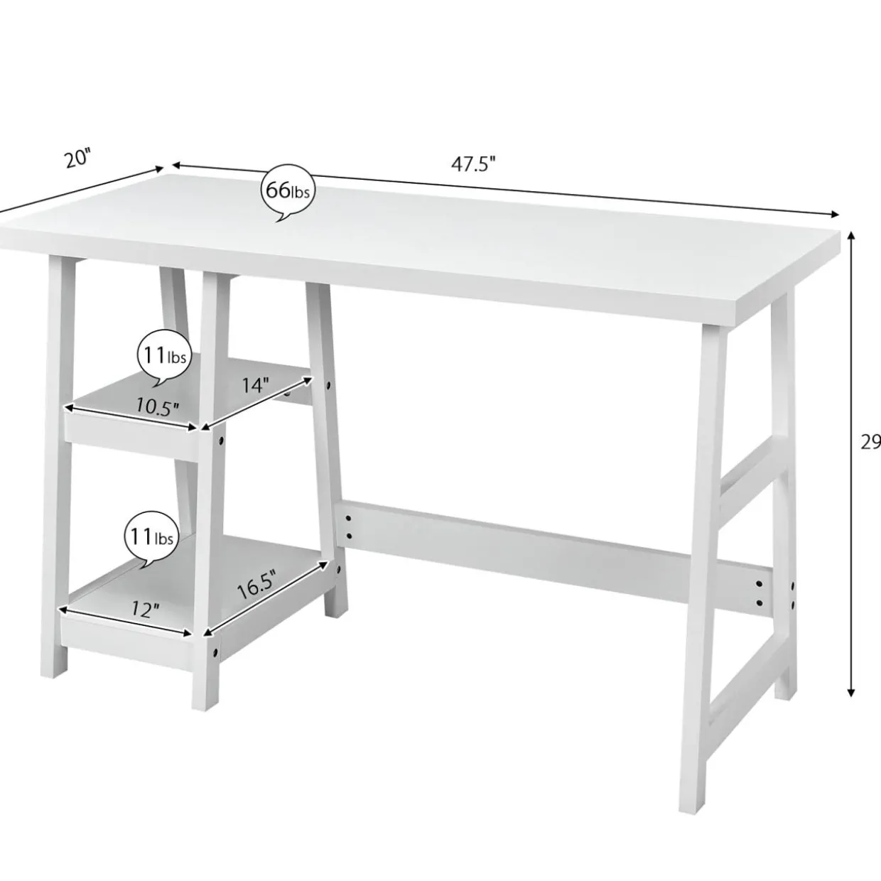 Tangkula White Trestle Computer Desk, 47.5 Inches Modern Home Office Desk w/ 2-Tier Storage Shelves