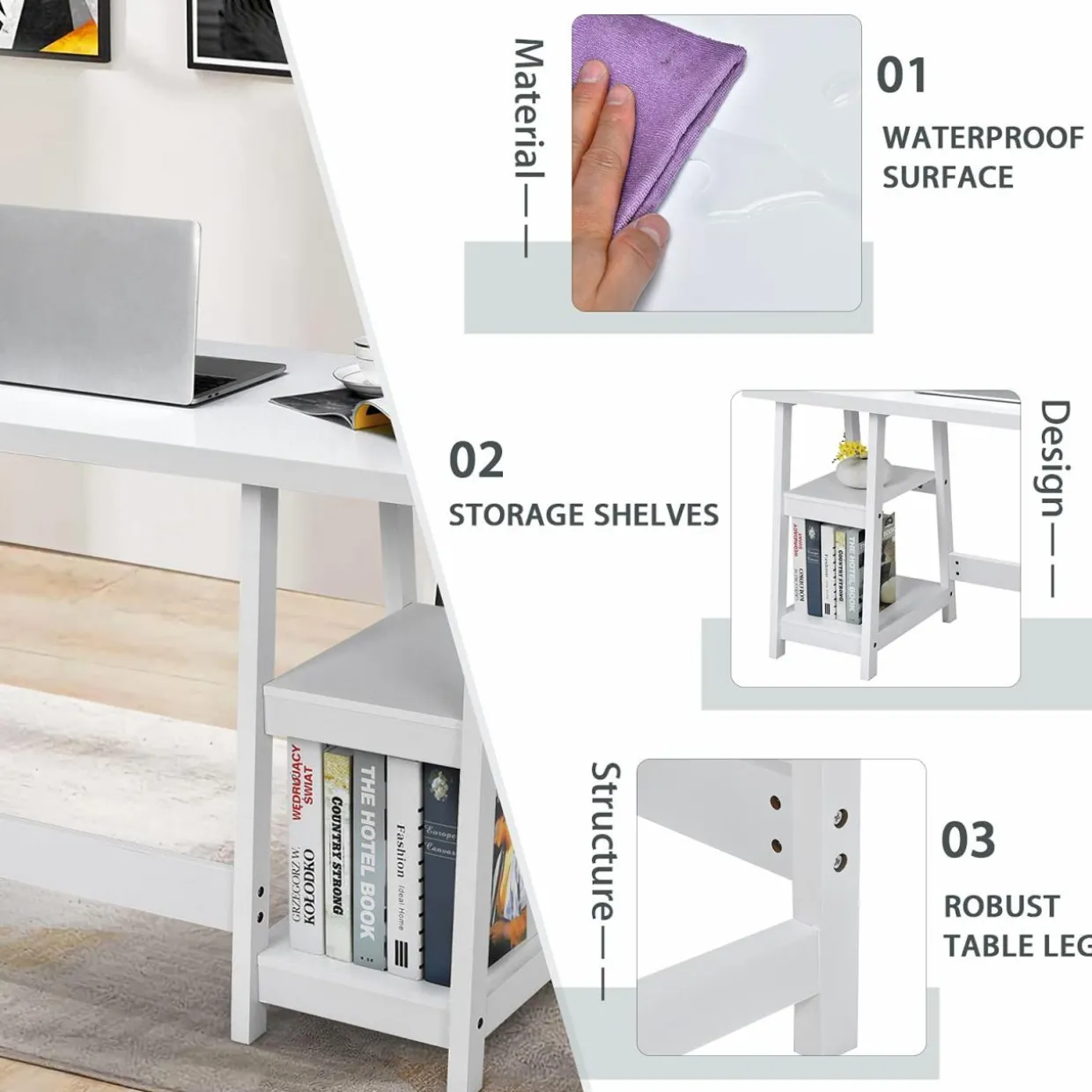 Tangkula White Trestle Computer Desk, 47.5 Inches Modern Home Office Desk w/ 2-Tier Storage Shelves