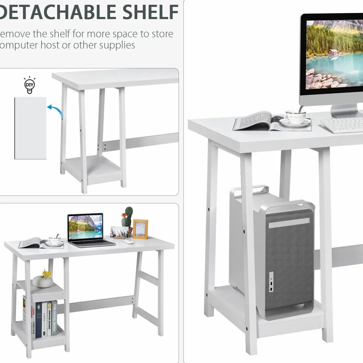Tangkula White Trestle Computer Desk, 47.5 Inches Modern Home Office Desk w/ 2-Tier Storage Shelves