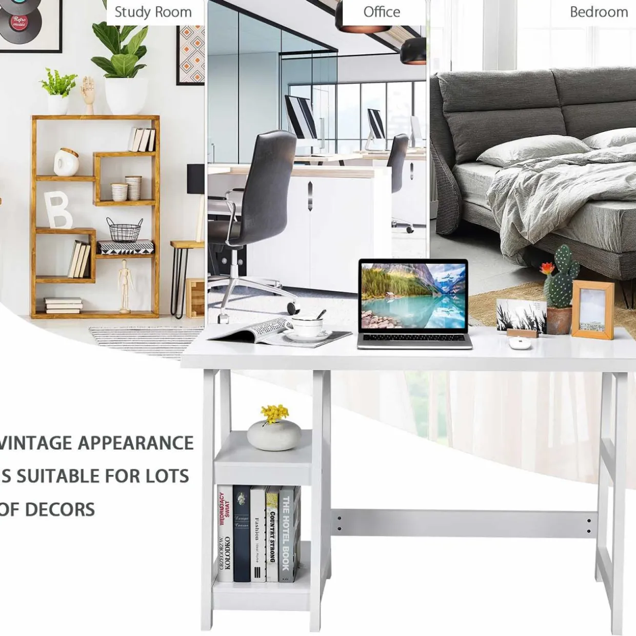 Tangkula White Trestle Computer Desk, 47.5 Inches Modern Home Office Desk w/ 2-Tier Storage Shelves