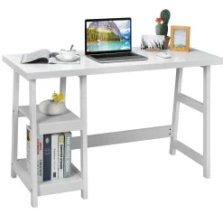 Tangkula White Trestle Computer Desk, 47.5 Inches Modern Home Office Desk w/ 2-Tier Storage Shelves