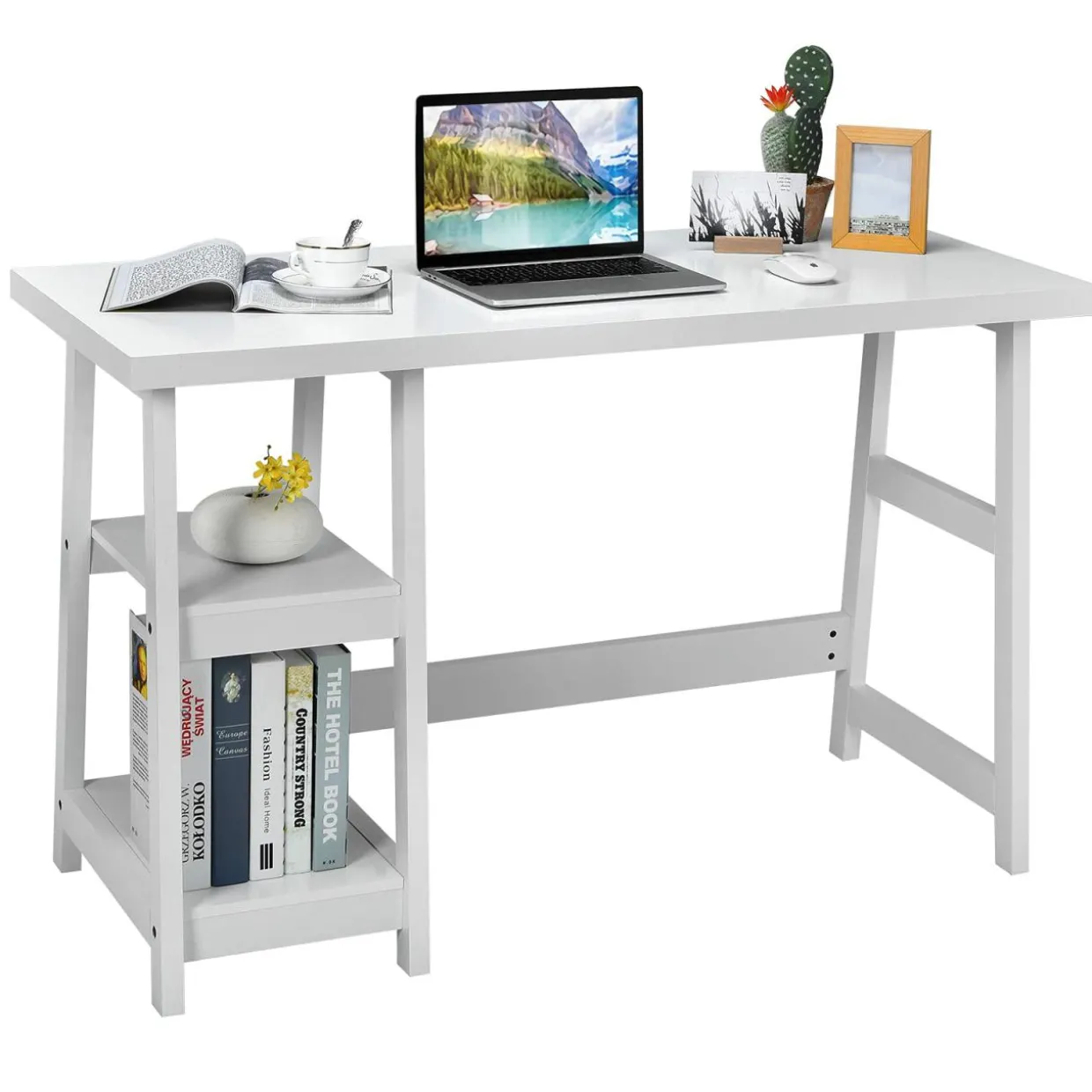 Tangkula White Trestle Computer Desk, 47.5 Inches Modern Home Office Desk w/ 2-Tier Storage Shelves