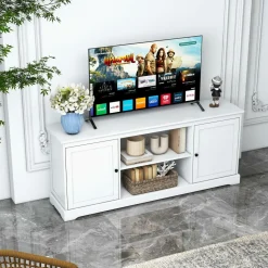 Tangkula White TV Stand for TVs up to 65" Home Entertainment Center with 2 Storage Cabinets & Adjustable Shelves