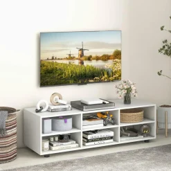 Tangkula White TV Stand for TV up to 55 Inch, TV Console Table with 6 Cubbies, 5 Positions Adjustable Shelves