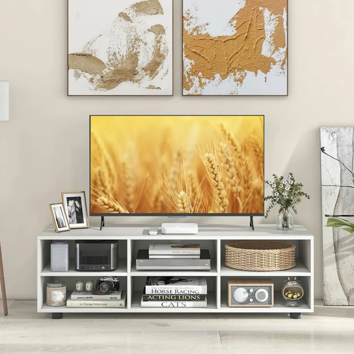 Tangkula White TV Stand for TV up to 55 Inch, TV Console Table with 6 Cubbies, 5 Positions Adjustable Shelves