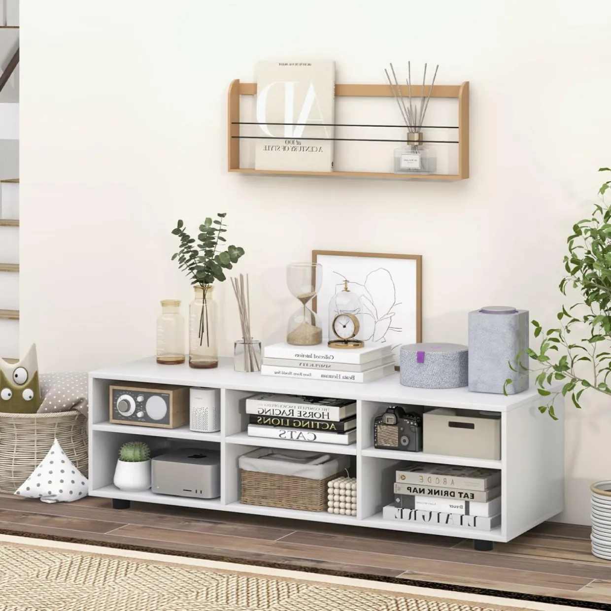 Tangkula White TV Stand for TV up to 55 Inch, TV Console Table with 6 Cubbies, 5 Positions Adjustable Shelves