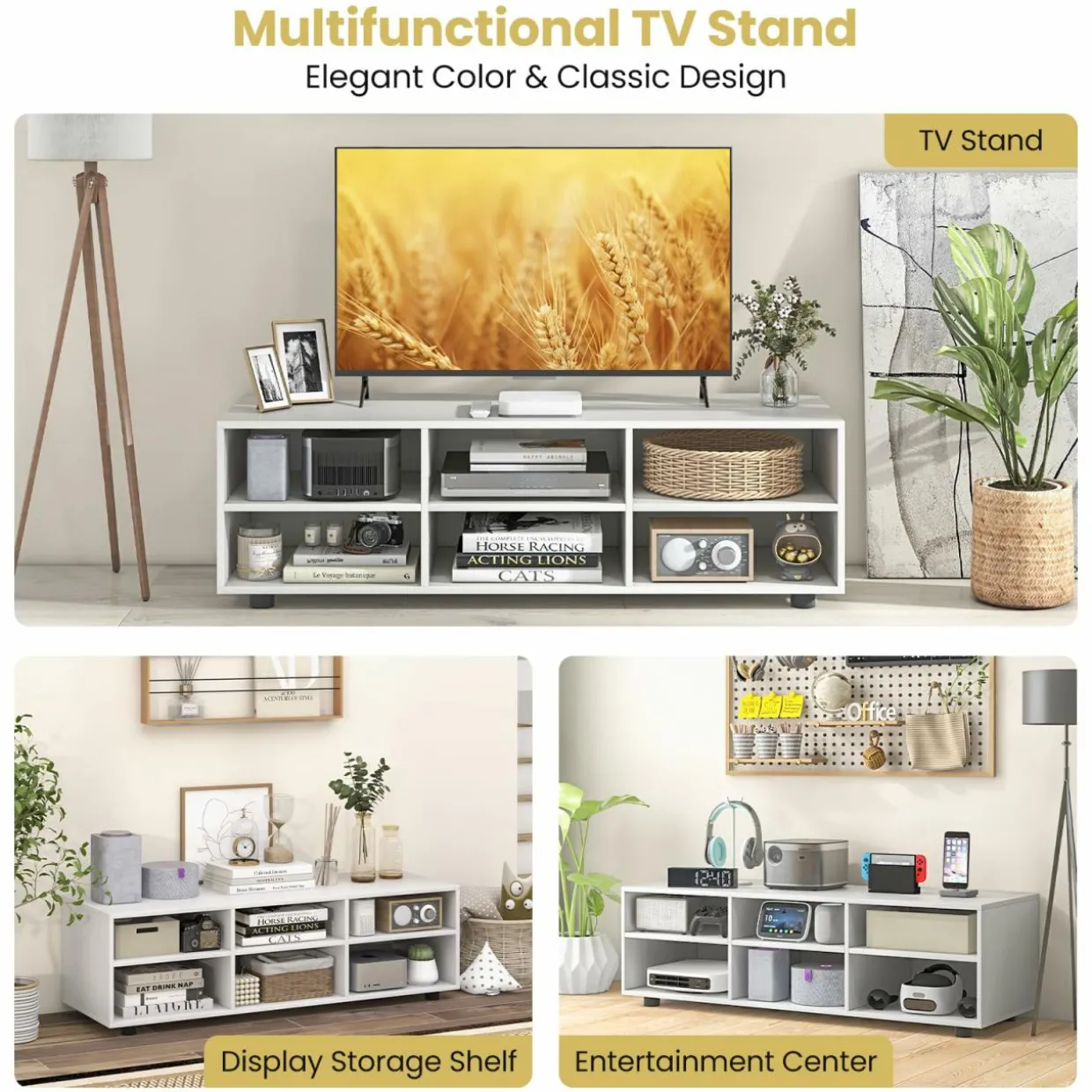 Tangkula White TV Stand for TV up to 55 Inch, TV Console Table with 6 Cubbies, 5 Positions Adjustable Shelves