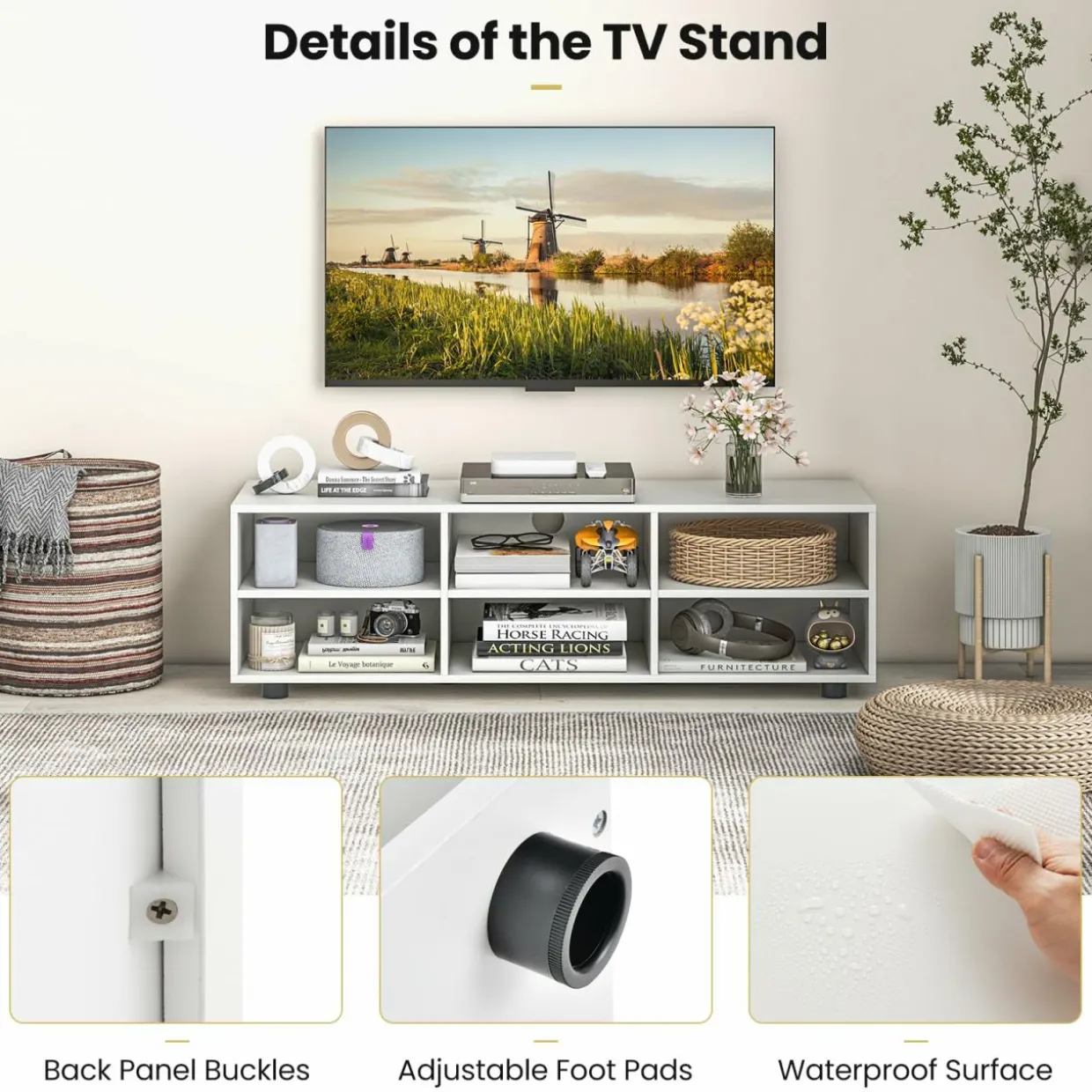 Tangkula White TV Stand for TV up to 55 Inch, TV Console Table with 6 Cubbies, 5 Positions Adjustable Shelves