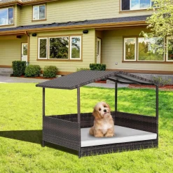 Tangkula Wicker Dog House, Indoor Outdoor Raised Rattan Dog Bed