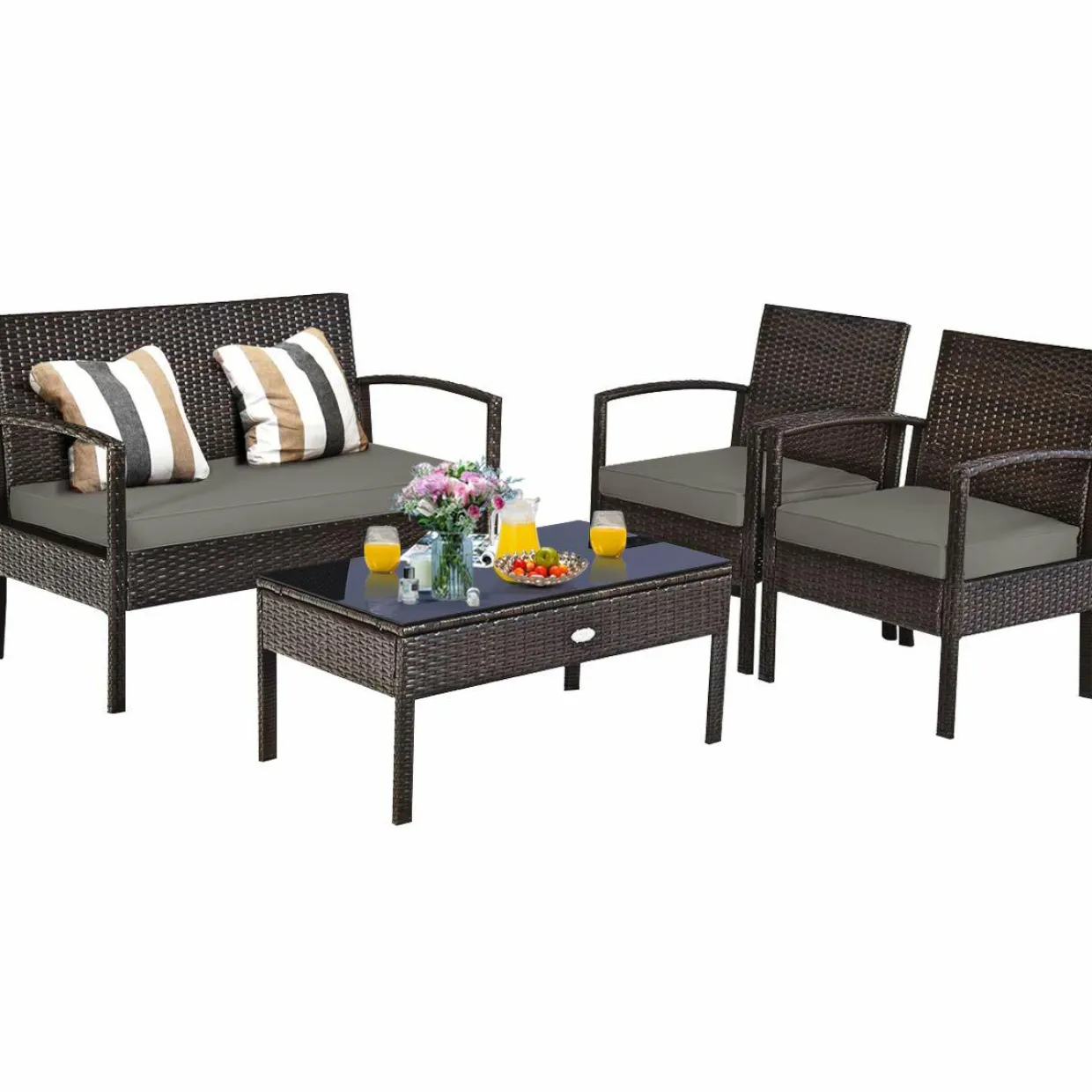 Tangkula Wicker Patio Conversation Furniture Set, Outdoor Rattan Chair and Table Set
