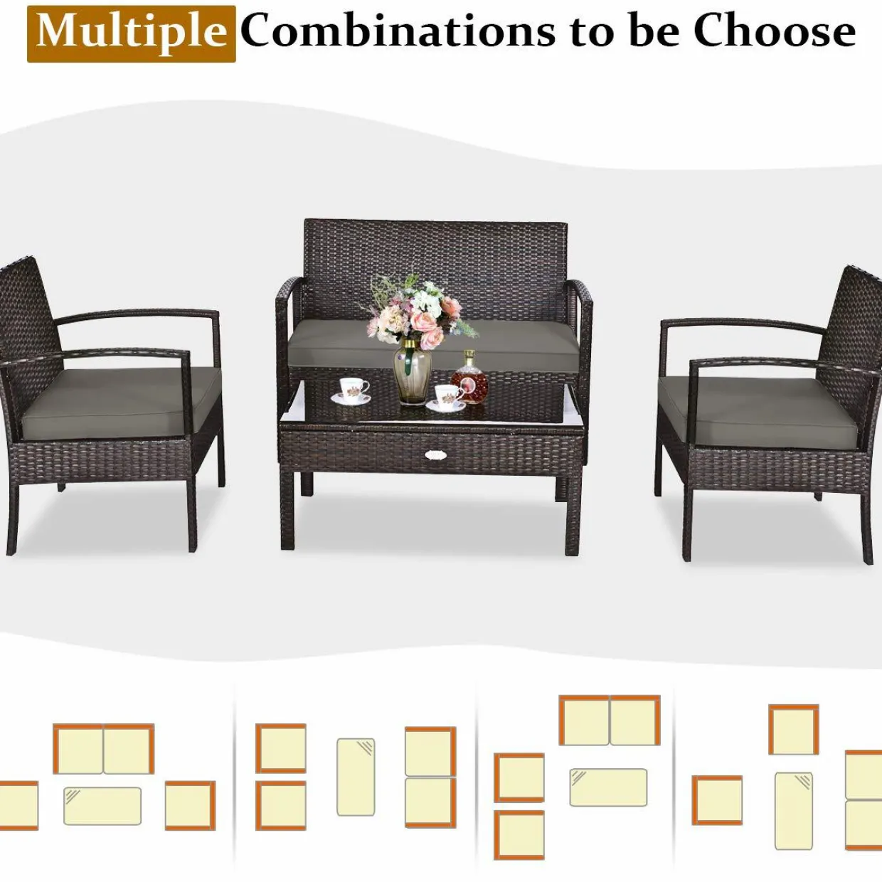 Tangkula Wicker Patio Conversation Furniture Set, Outdoor Rattan Chair and Table Set