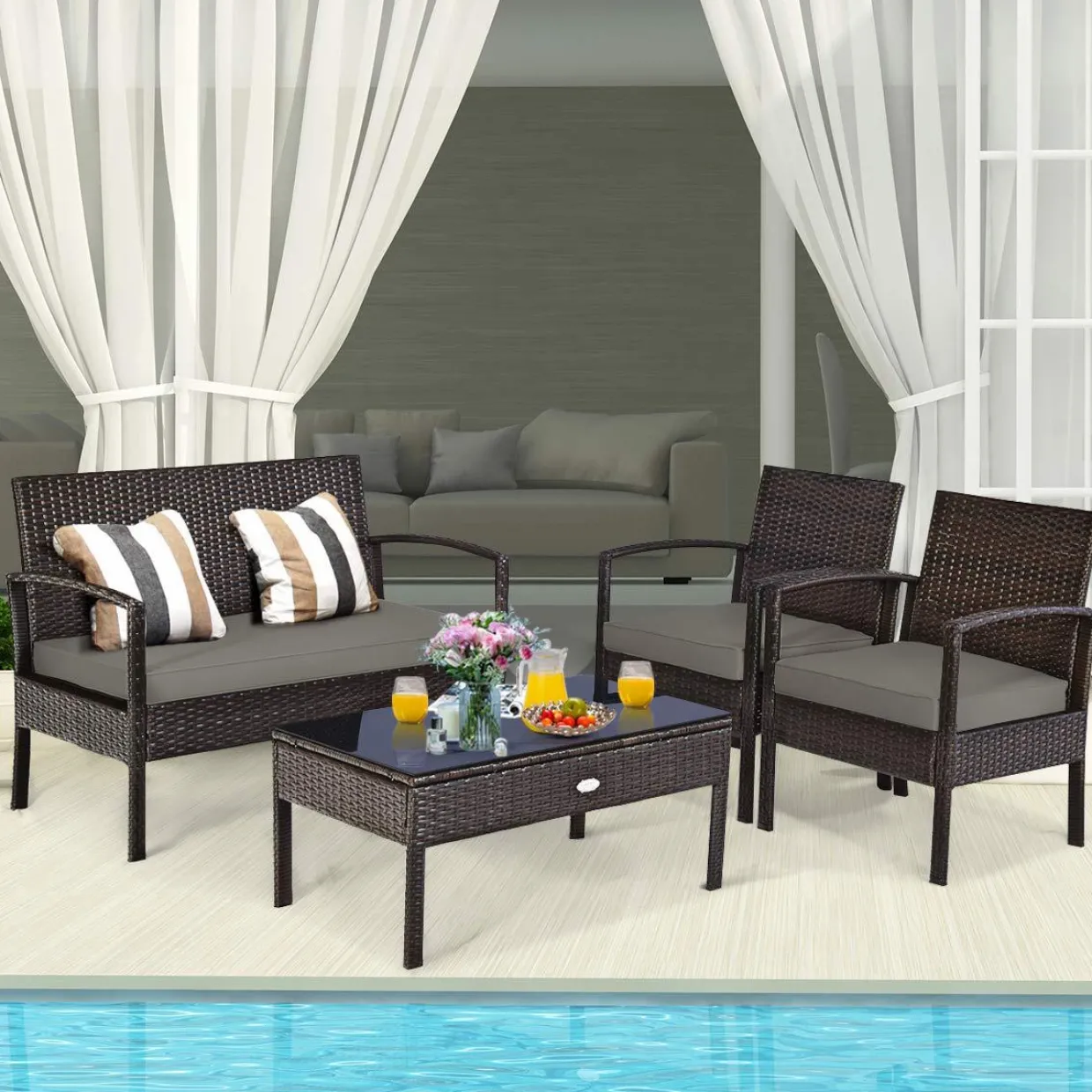 Tangkula Wicker Patio Conversation Furniture Set, Outdoor Rattan Chair and Table Set