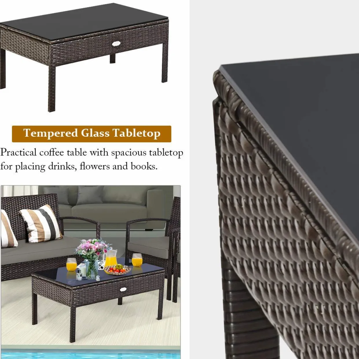 Tangkula Wicker Patio Conversation Furniture Set, Outdoor Rattan Chair and Table Set