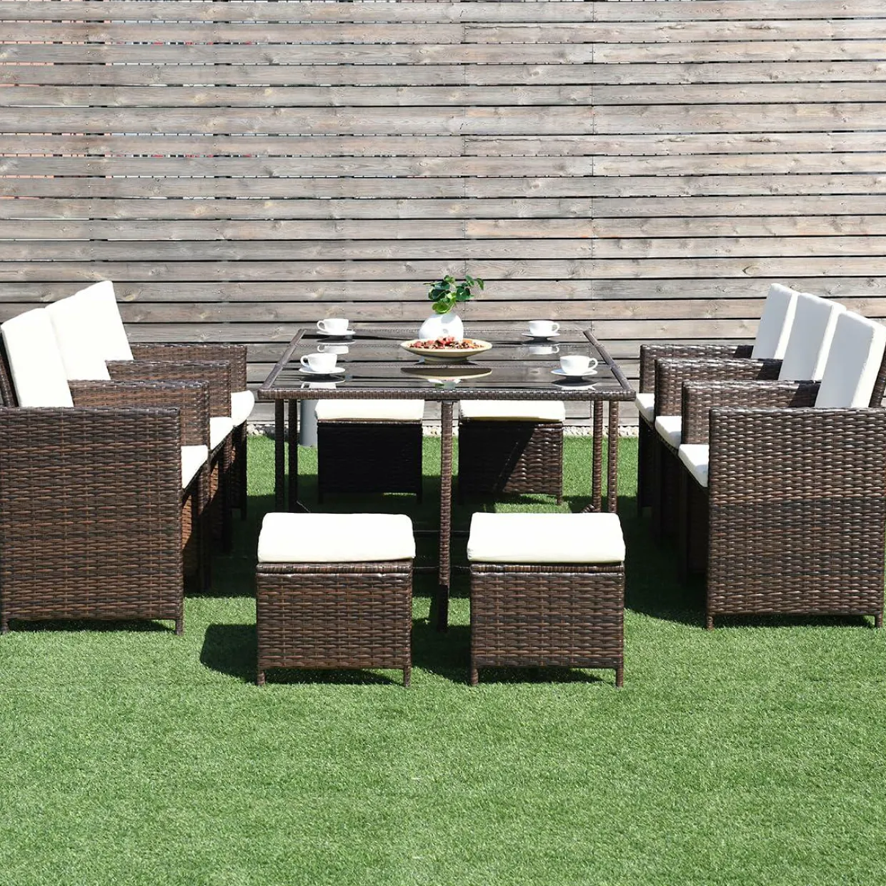 Tangkula Wicker Patio Dining Chairs and 4 Cushioned Ottomans Set, 10 Pieces Heavy Duty Patio Furniture Set