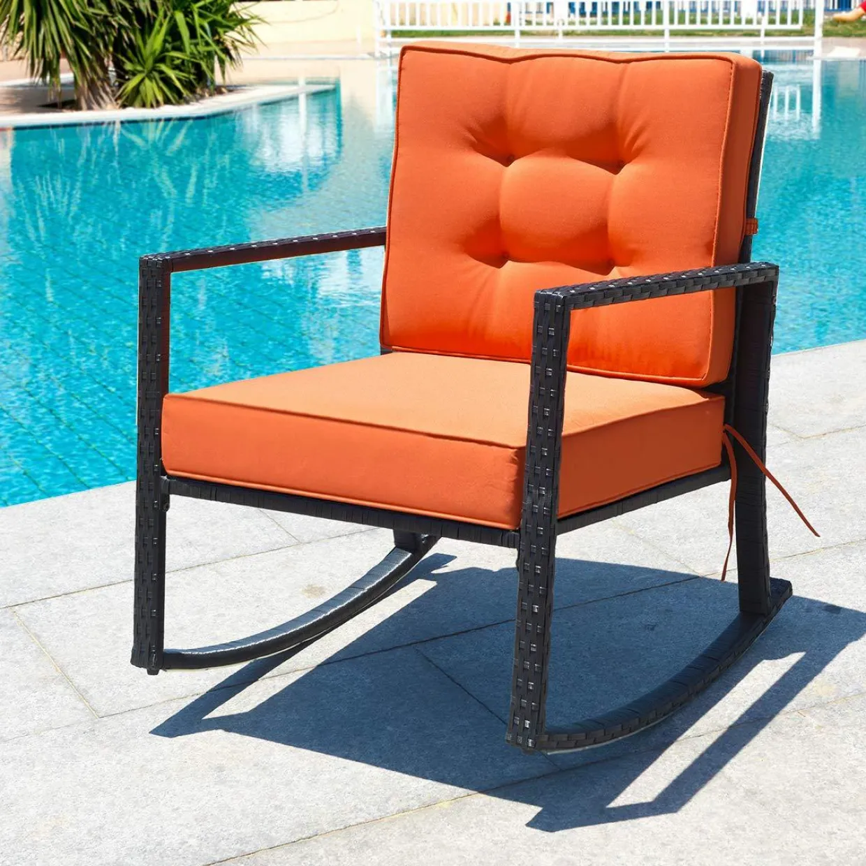 Tangkula Wicker Rocking Chair, Outdoor Glider Rattan Rocker Chair with Heavy-Duty Steel Frame