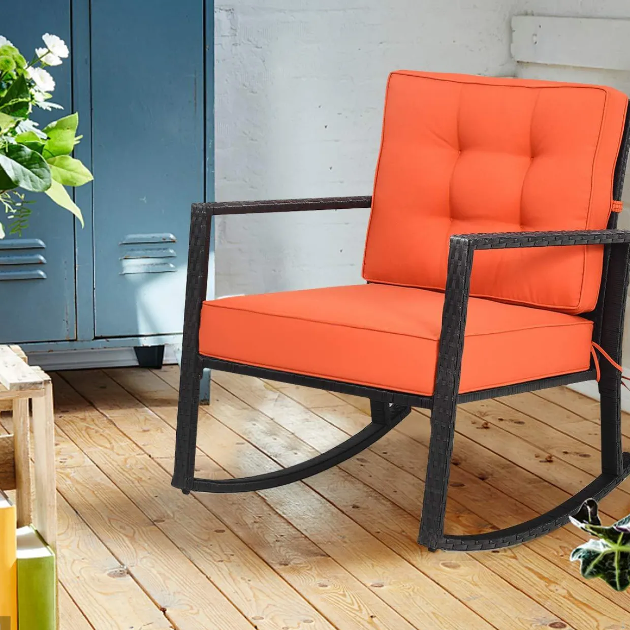 Tangkula Wicker Rocking Chair, Outdoor Glider Rattan Rocker Chair with Heavy-Duty Steel Frame