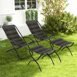 Tangkula Wicker Sling Chair Outdoor with Ottoman, Patio Deck Chair with Rattan Seat