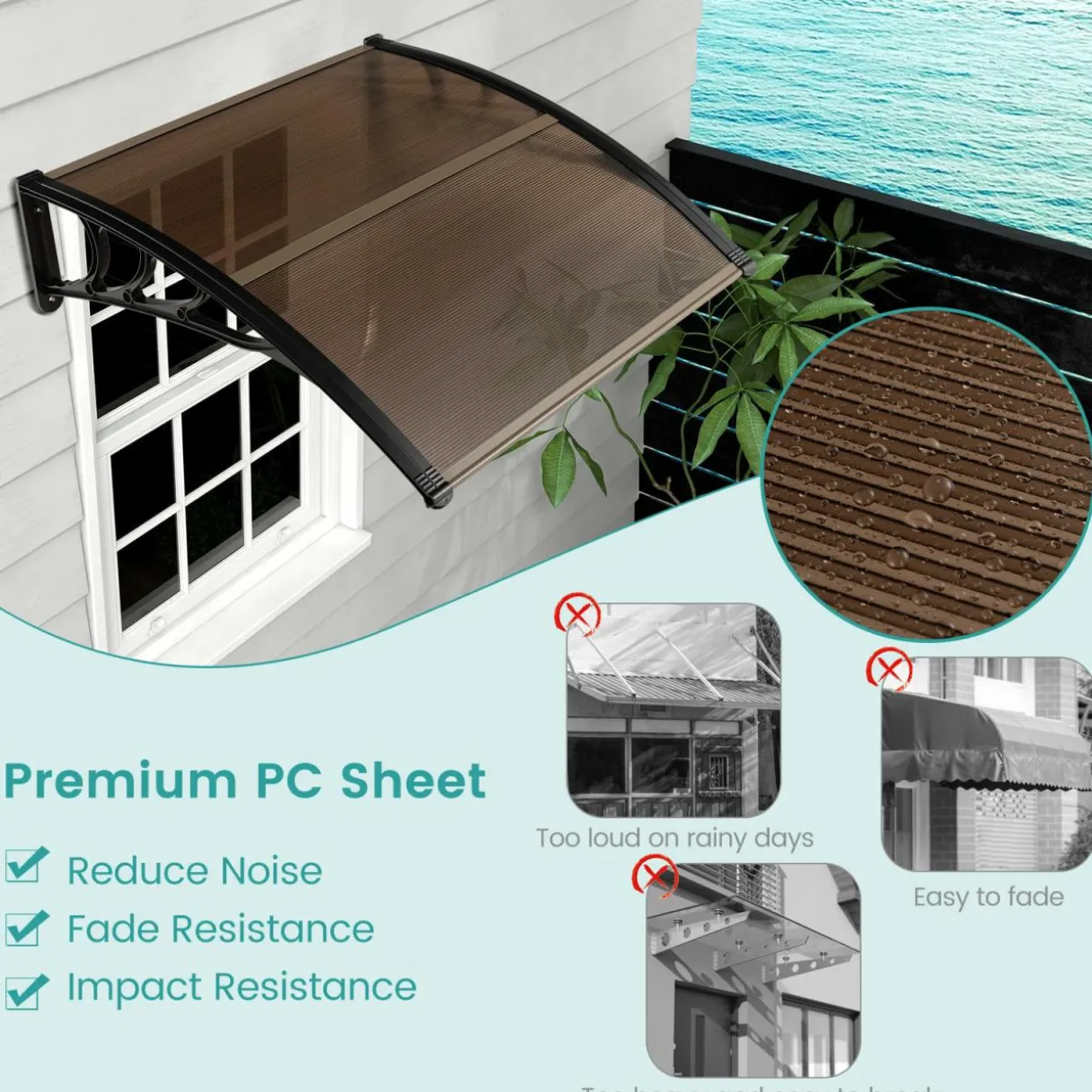 Tangkula Window Awning, Modern Polycarbonate Overhead Door Awning for Rain Snow Sunlight Protection