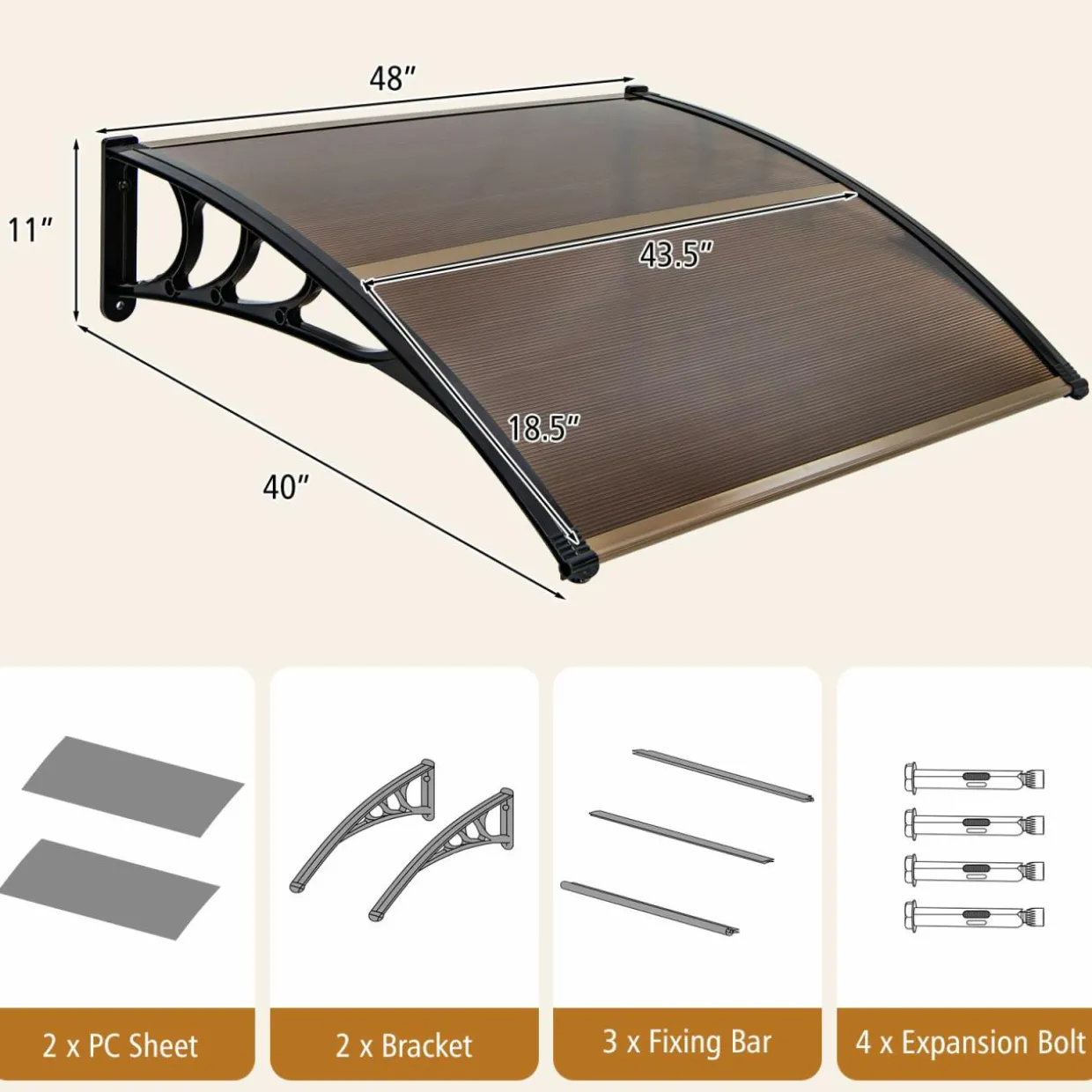 Tangkula Window Awning, Modern Polycarbonate Overhead Door Awning for Rain Snow Sunlight Protection