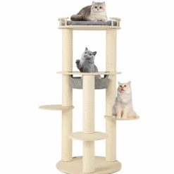 Tangkula Wood Cat Tree, 59 Inch Multi-Level Cat Tower with Top Padded Perch, Hammock, 3 Platforms & Sisal Scratching Posts