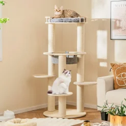 Tangkula Wood Cat Tree, 59 Inch Multi-Level Cat Tower with Top Padded Perch, Hammock, 3 Platforms & Sisal Scratching Posts