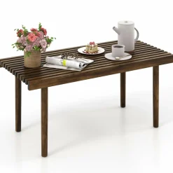 Tangkula Wood Coffee Table, Farmhouse Acacia Wood Cocktail Table with Slatted Tabletop for Living Room