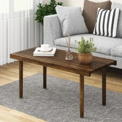 Tangkula Wood Coffee Table, Farmhouse Acacia Wood Cocktail Table with Slatted Tabletop for Living Room