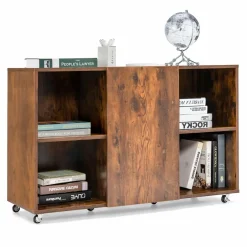 Tangkula Wood File Cabinet with Wheels, Mobile Storage Cabinet with 6 Compartments