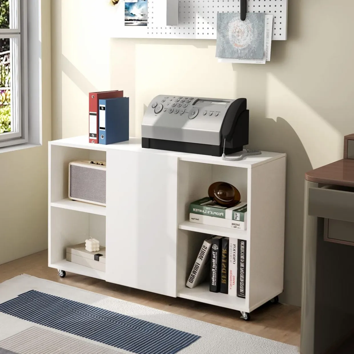 Tangkula Wood File Cabinet with Wheels, Mobile Storage Cabinet with 6 Compartments