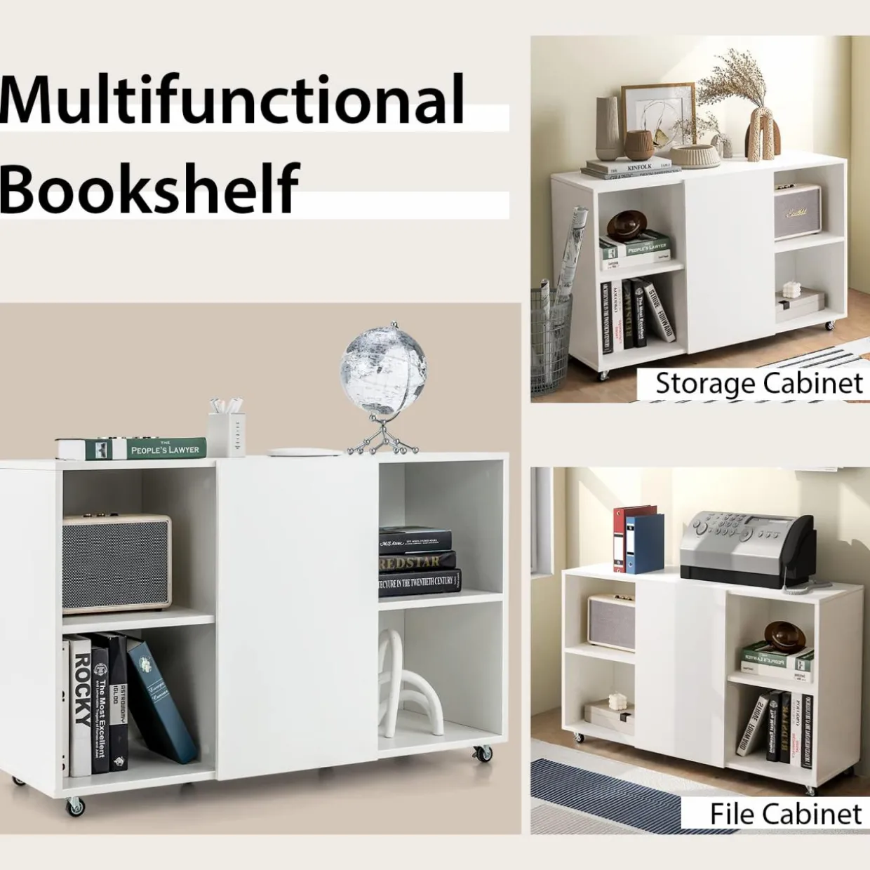 Tangkula Wood File Cabinet with Wheels, Mobile Storage Cabinet with 6 Compartments
