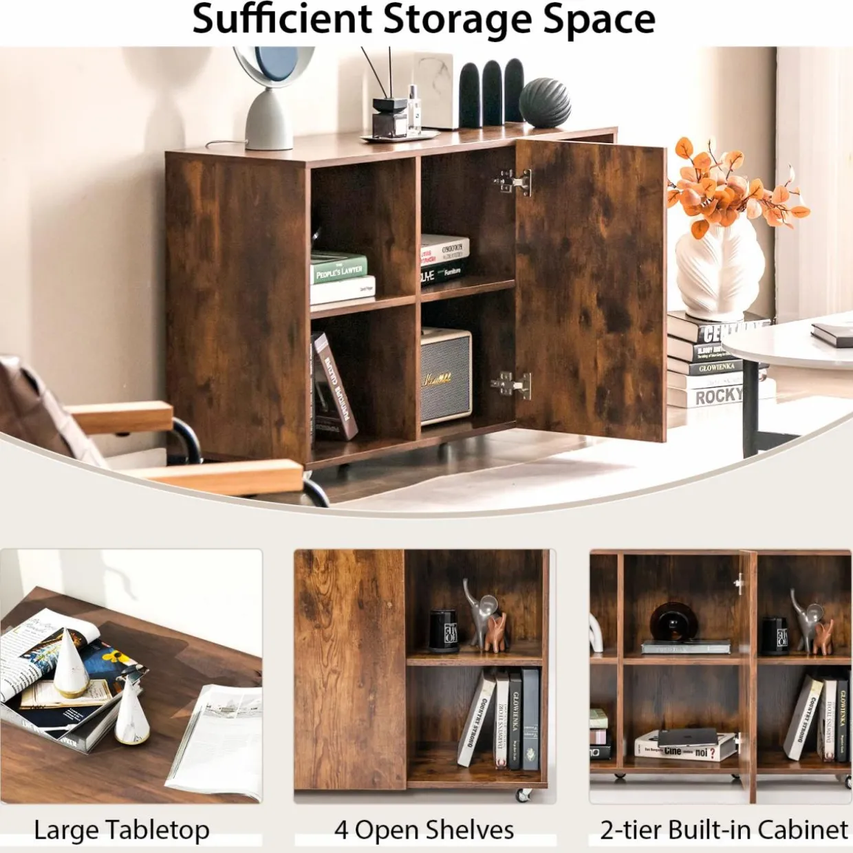 Tangkula Wood File Cabinet with Wheels, Mobile Storage Cabinet with 6 Compartments