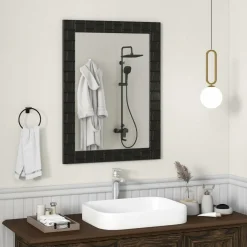 Tangkula Wood Framed Wall Mounted Mirror, 31.5" x 23.5" Rubber Wood Modern Mirror for Wall