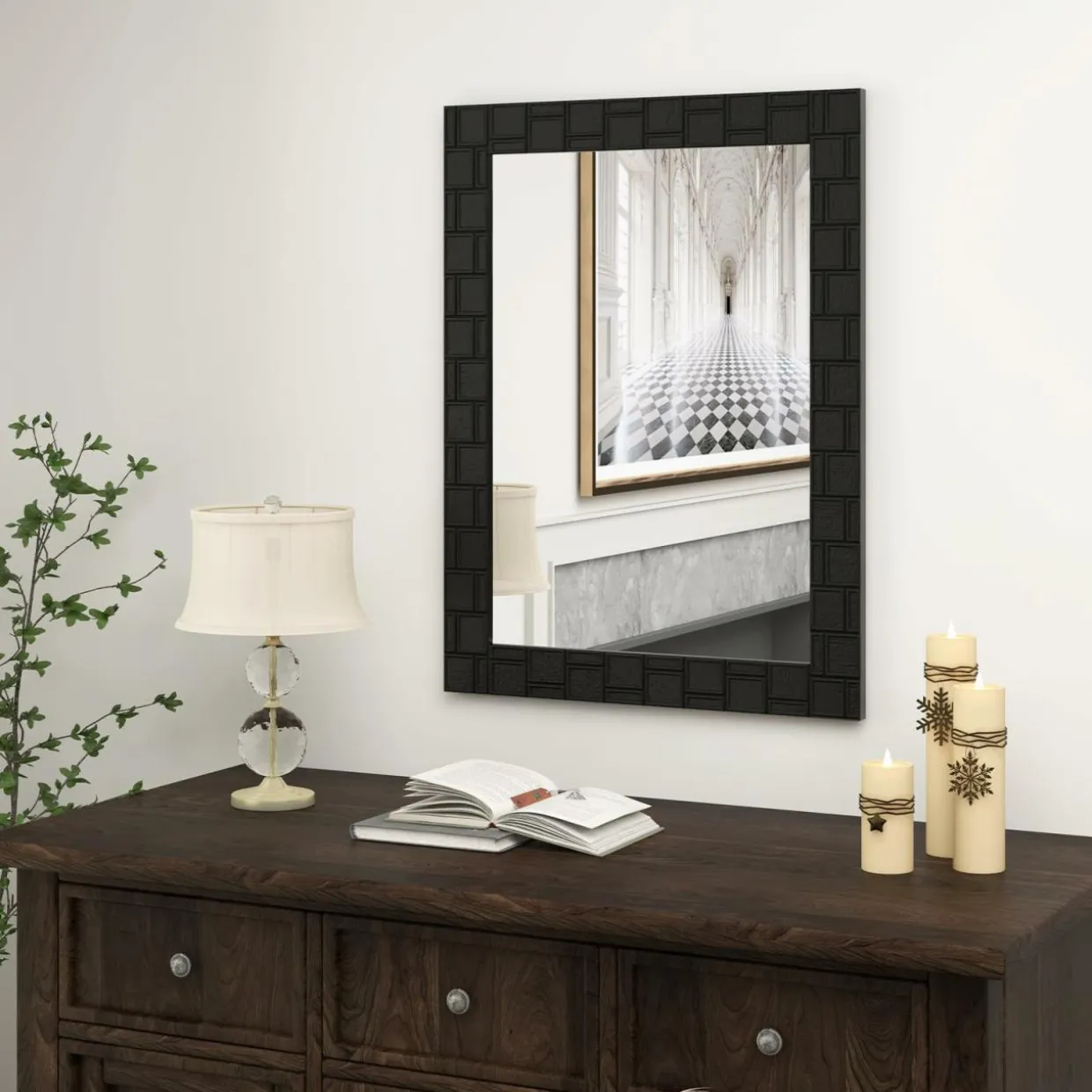 Tangkula Wood Framed Wall Mounted Mirror, 31.5" x 23.5" Rubber Wood Modern Mirror for Wall